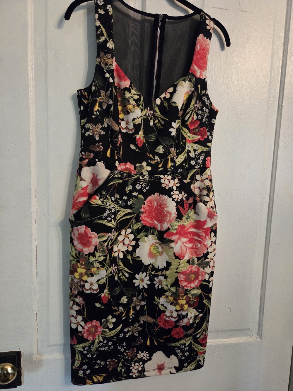 Bisou Bisou Black Floral Sheath Dress with Pink & White Blooms